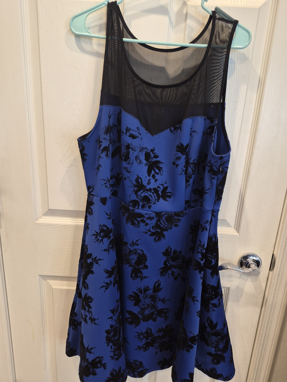 Blue Floral Mesh Yoke Fit & Flare Dress
